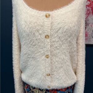 Cotton Emporium Soft Fuzzy White Button-Up Cardigan